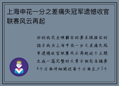 上海申花一分之差痛失冠军遗憾收官联赛风云再起